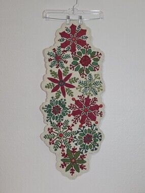 Beaded Christmas Table Runner 35" Holiday Poinsettia Snowflake Red Green White